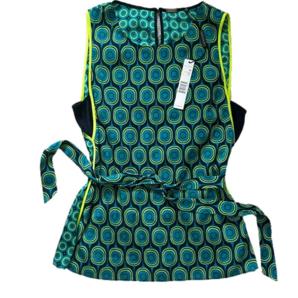 Sz XS NEW W Tag Silk ELIE TAHARI Sleeveless blouse, Mod Print Blue Green